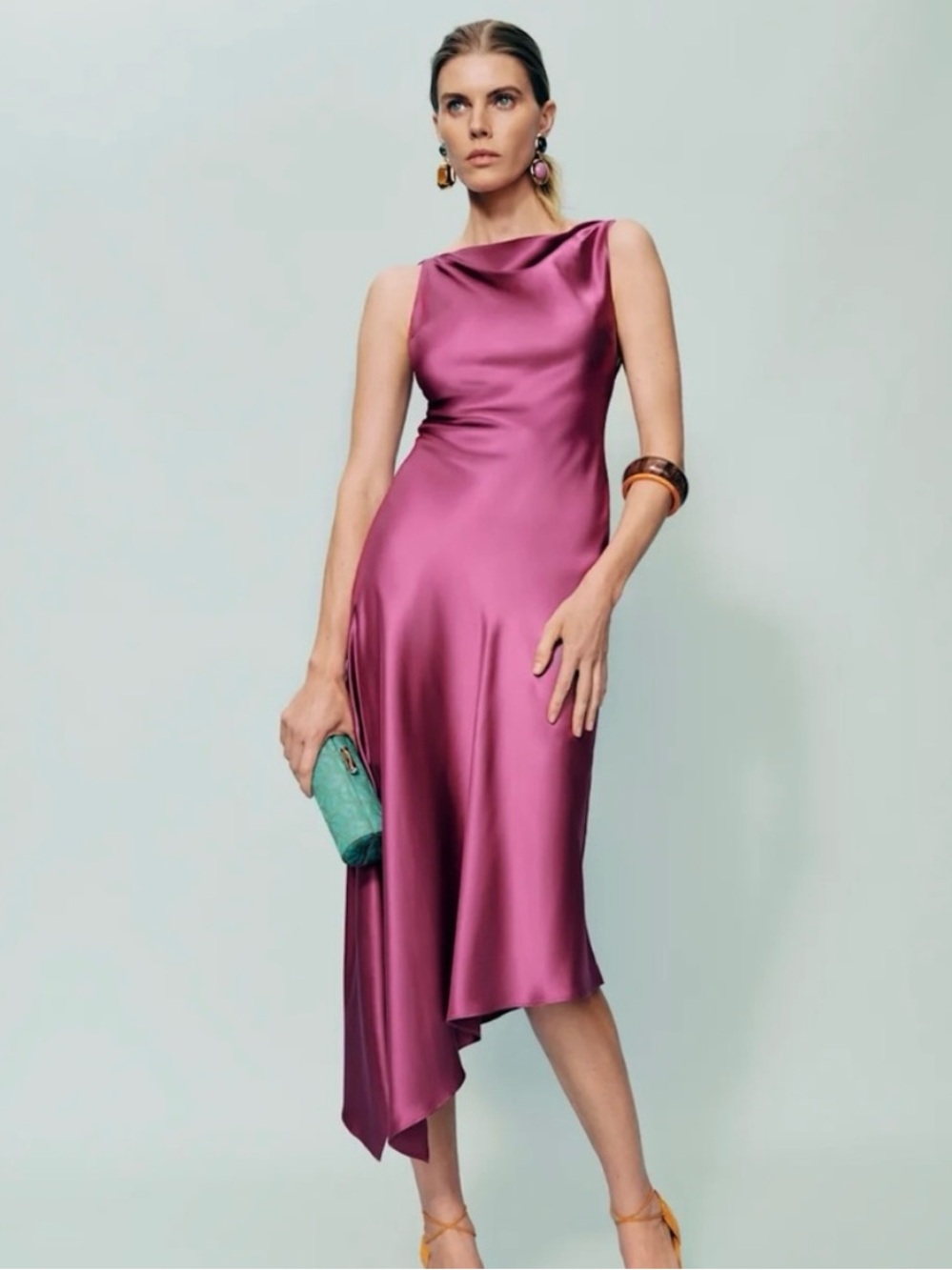 Reformation Scotia Silk Dress - Hibiscus Tea Pink Asymmetric Midi NWOT
